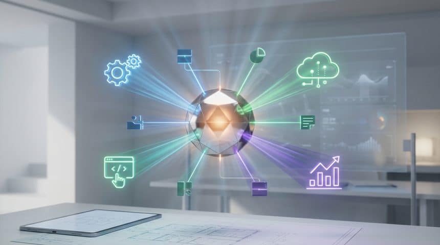 Un diagramme holographique complexe en forme de pieuvre connecté à des icônes technologiques sur un bureau moderne.