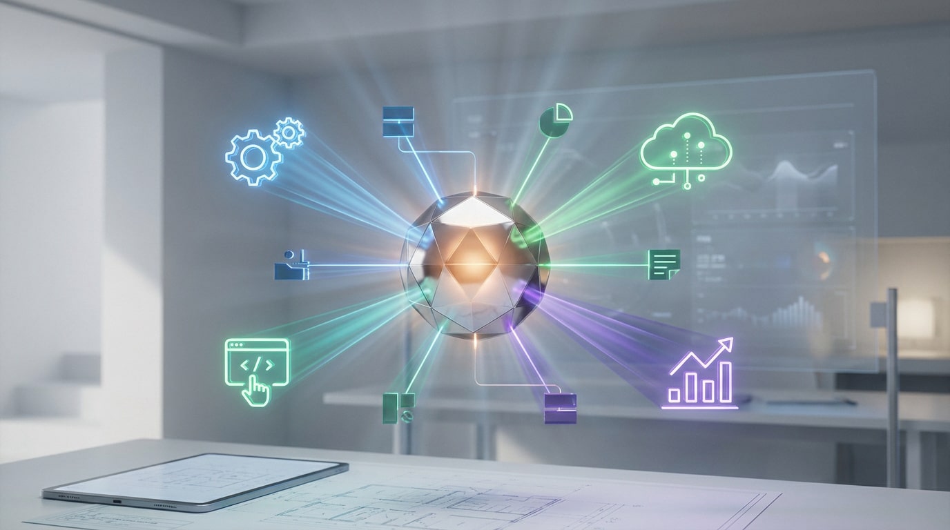 Un diagramme holographique complexe en forme de pieuvre connecté à des icônes technologiques sur un bureau moderne.
