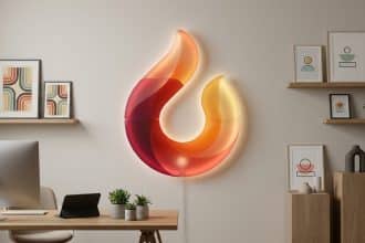 Une applique murale lumineuse en forme de flamme aux tons orange et rouge, suspendue dans un bureau moderne.