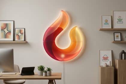 Une applique murale lumineuse en forme de flamme aux tons orange et rouge, suspendue dans un bureau moderne.