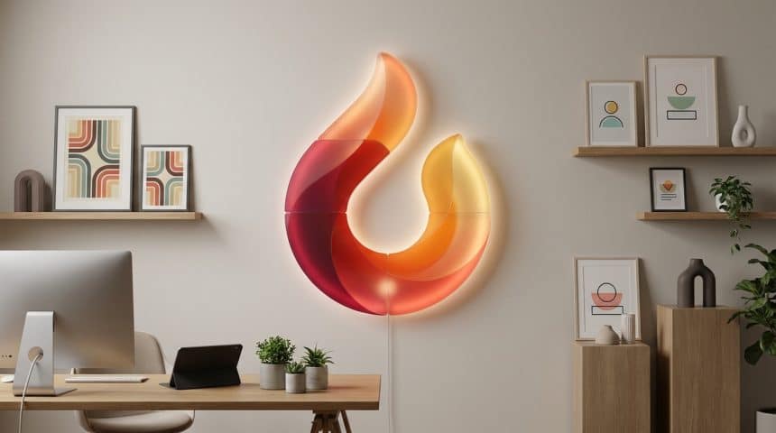 Une applique murale lumineuse en forme de flamme aux tons orange et rouge, suspendue dans un bureau moderne.