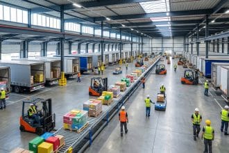 Entrepôt logistique moderne avec des ouvriers, des chariots élévateurs et des convoyeurs déchargeant des camions.