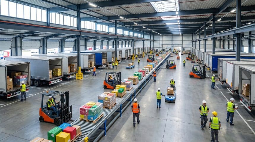 Entrepôt logistique moderne avec des ouvriers, des chariots élévateurs et des convoyeurs déchargeant des camions.