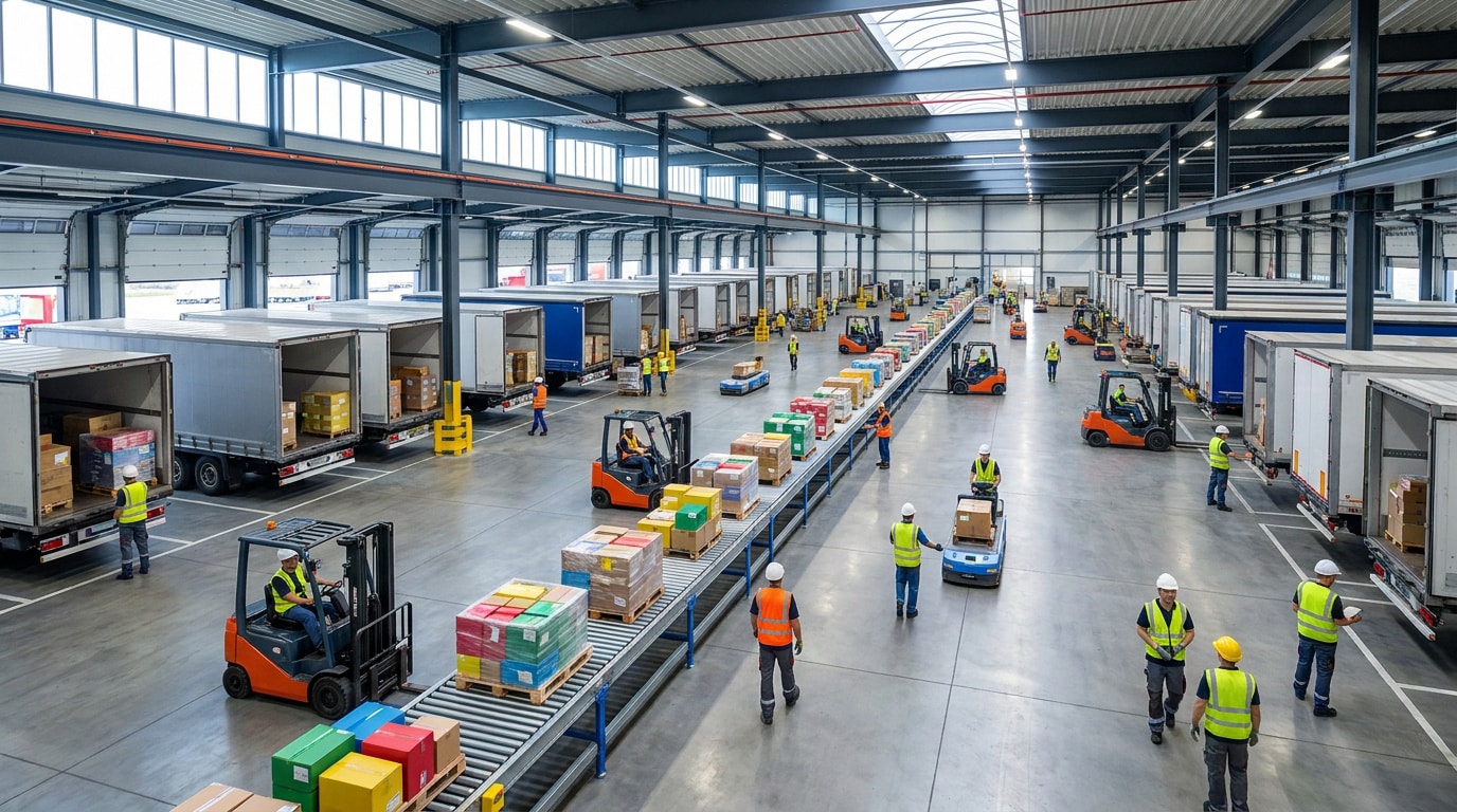 Entrepôt logistique moderne avec des ouvriers, des chariots élévateurs et des convoyeurs déchargeant des camions.
