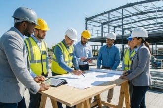Équipe de professionnels de la construction étudiant des plans sur un chantier avec un squelette métallique en arrière-plan.