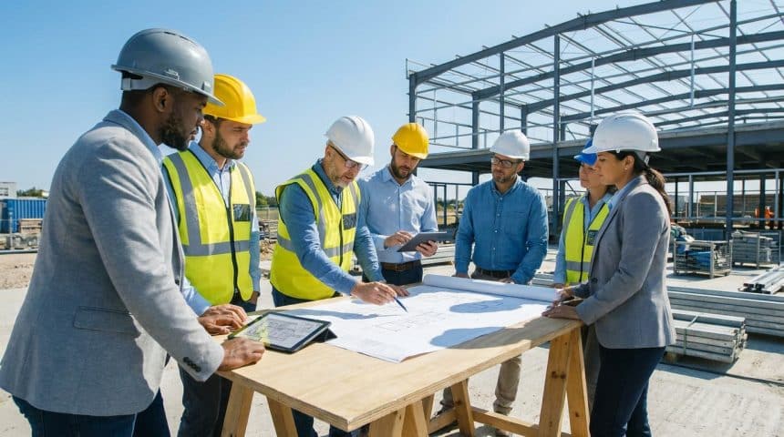 Équipe de professionnels de la construction étudiant des plans sur un chantier avec un squelette métallique en arrière-plan.