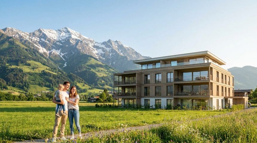 Jeune famille devant un immeuble résidentiel moderne avec les montagnes enneigées des Alpes en arrière-plan.