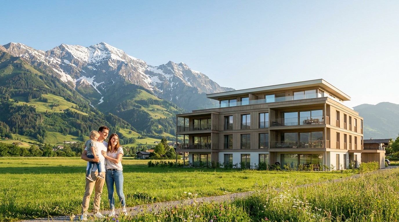 Jeune famille devant un immeuble résidentiel moderne avec les montagnes enneigées des Alpes en arrière-plan.