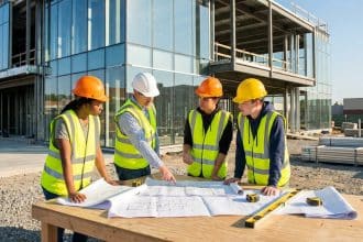 Un formateur et trois apprentis en gilets haute visibilité étudiant des plans sur un chantier de construction.