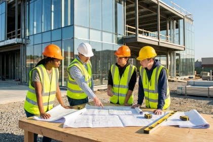 Un formateur et trois apprentis en gilets haute visibilité étudiant des plans sur un chantier de construction.