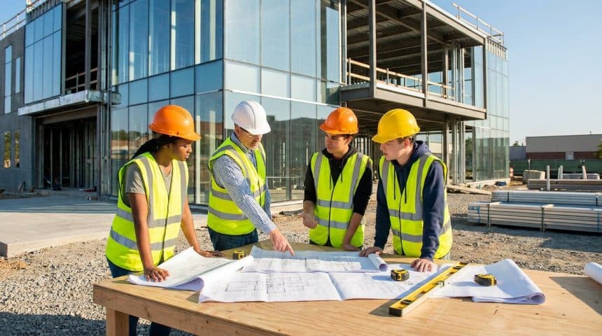 Un formateur et trois apprentis en gilets haute visibilité étudiant des plans sur un chantier de construction.