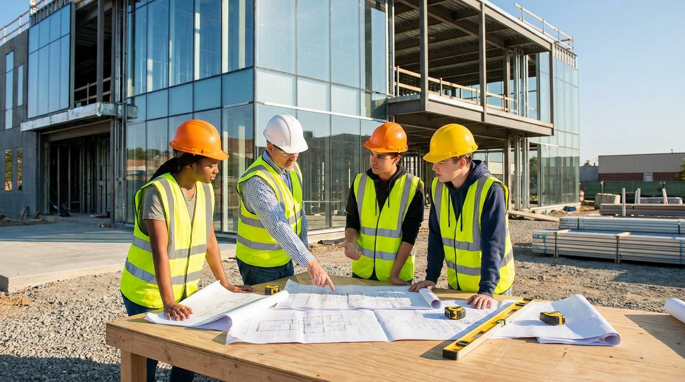 Un formateur et trois apprentis en gilets haute visibilité étudiant des plans sur un chantier de construction.