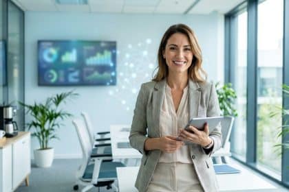 Une femme souriante en tenue professionnelle tient une tablette dans un bureau moderne avec des graphiques en arrière-plan.