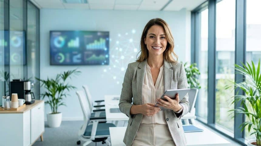 Une femme souriante en tenue professionnelle tient une tablette dans un bureau moderne avec des graphiques en arrière-plan.