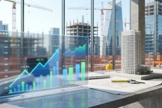 Écran holographique affichant des graphiques financiers de construction devant un chantier et une maquette de bâtiment.