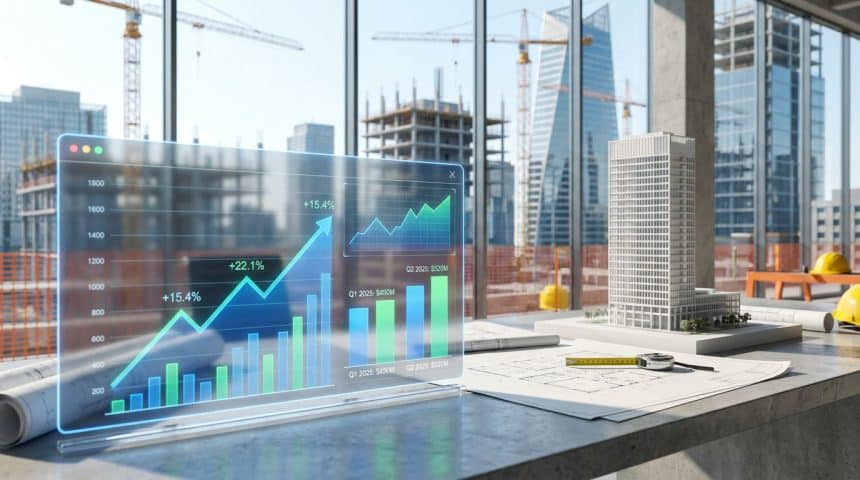 Écran holographique affichant des graphiques financiers de construction devant un chantier et une maquette de bâtiment.