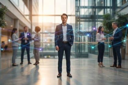 Un homme d'affaires au centre d'un réseau numérique dans un hall d'entreprise moderne.