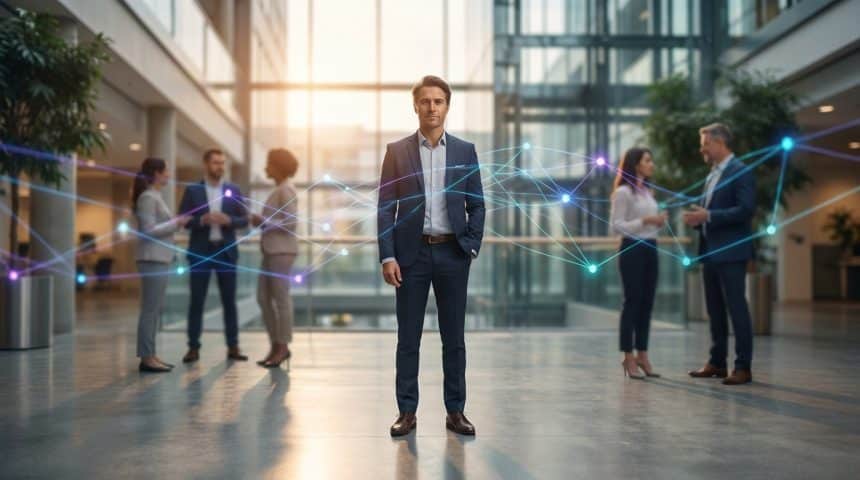 Un homme d'affaires au centre d'un réseau numérique dans un hall d'entreprise moderne.