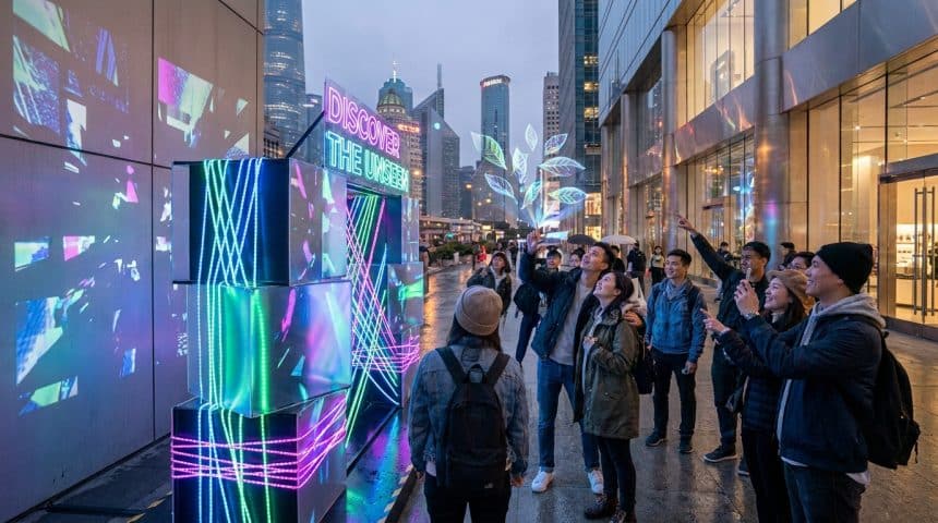 Groupe de personnes observant une installation artistique lumineuse et interactive dans une ville moderne.