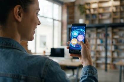Une femme utilise son smartphone pour créer des stories Instagram avec des stickers interactifs comme sondage ou quiz.
