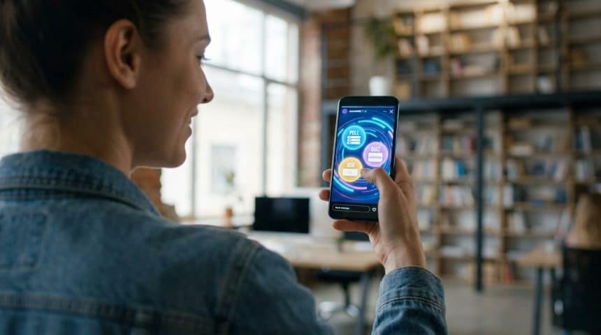 Une femme utilise son smartphone pour créer des stories Instagram avec des stickers interactifs comme sondage ou quiz.