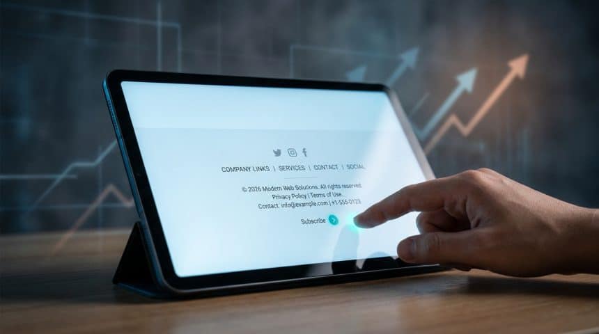 Main touchant l'écran d'une tablette affichant un footer de site web avec des liens et un bouton d'abonnement.