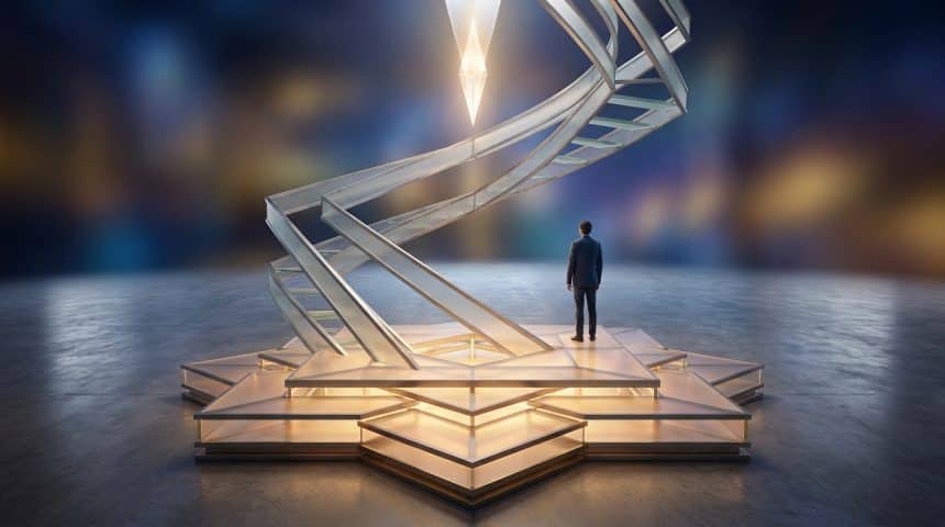 Un homme en costume fait face à un escalier en colimaçon lumineux s'élevant depuis une plateforme en étoile.