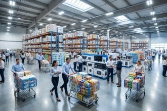 Clients professionnels faisant des achats avec des chariots dans un vaste entrepôt de vente en gros.