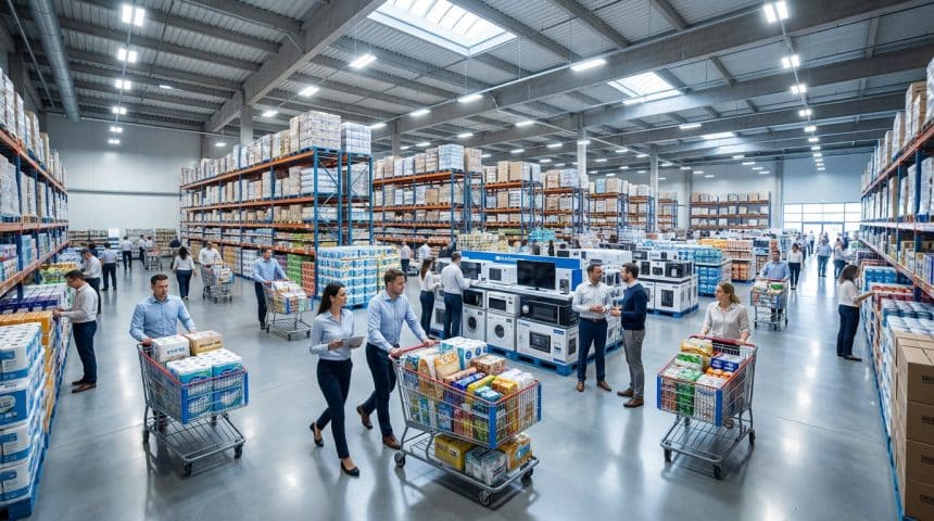 Clients professionnels faisant des achats avec des chariots dans un vaste entrepôt de vente en gros.