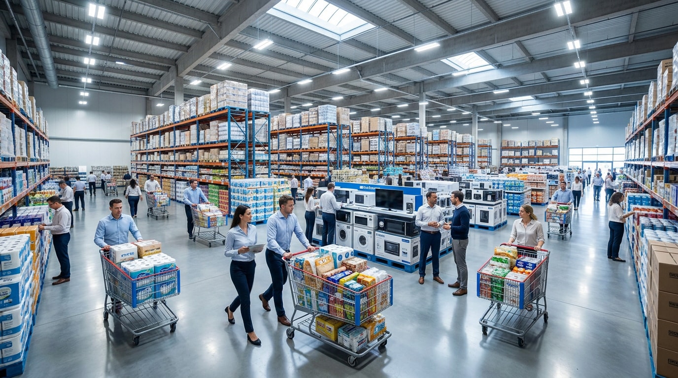 Clients professionnels faisant des achats avec des chariots dans un vaste entrepôt de vente en gros.