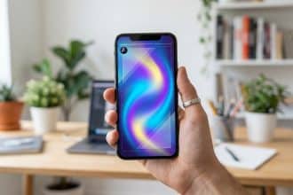 Une main tenant un smartphone affichant un modèle de Story Instagram sur un bureau flou.