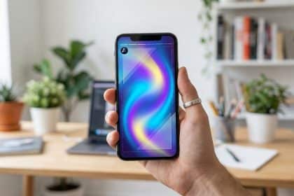 Une main tenant un smartphone affichant un modèle de Story Instagram sur un bureau flou.