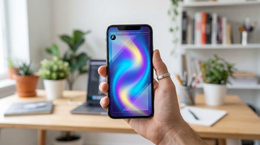 Une main tenant un smartphone affichant un modèle de Story Instagram sur un bureau flou.