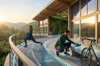Personnes faisant du sport sur une terrasse moderne avec des interfaces holographiques de données biométriques.
