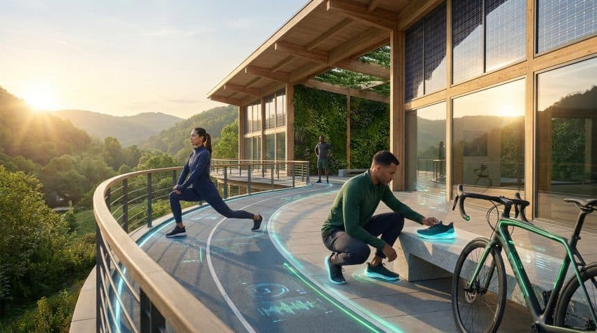Personnes faisant du sport sur une terrasse moderne avec des interfaces holographiques de données biométriques.