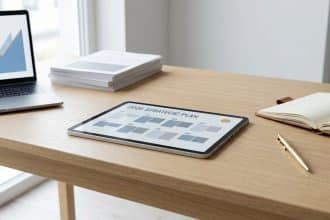 Tablette affichant un calendrier de planification stratégique 2026 sur un bureau de travail moderne.