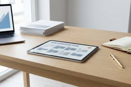 Tablette affichant un calendrier de planification stratégique 2026 sur un bureau de travail moderne.