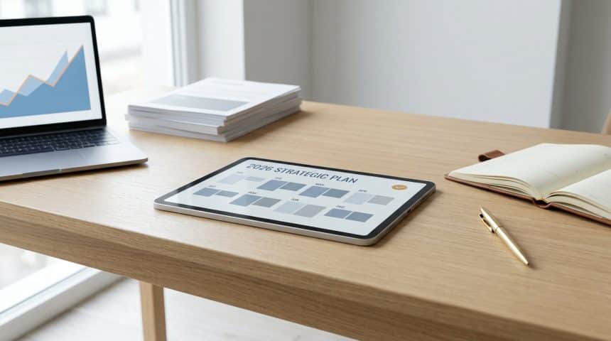 Tablette affichant un calendrier de planification stratégique 2026 sur un bureau de travail moderne.