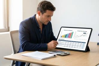 Homme en costume analysant des graphiques financiers et un tableau de calcul de la CVAE sur une tablette.