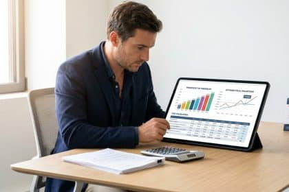 Homme en costume analysant des graphiques financiers et un tableau de calcul de la CVAE sur une tablette.