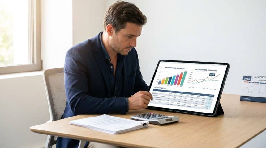 Homme en costume analysant des graphiques financiers et un tableau de calcul de la CVAE sur une tablette.