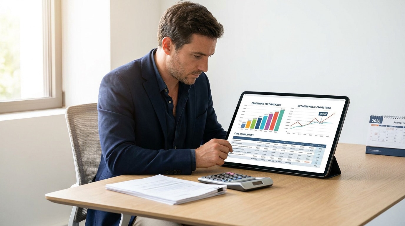 Homme en costume analysant des graphiques financiers et un tableau de calcul de la CVAE sur une tablette.