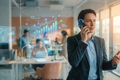 Une femme d'affaires au téléphone dans un bureau moderne avec des graphiques de croissance numérique en arrière-plan.