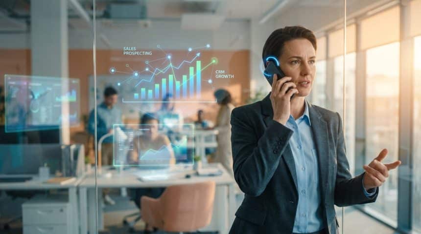 Une femme d'affaires au téléphone dans un bureau moderne avec des graphiques de croissance numérique en arrière-plan.