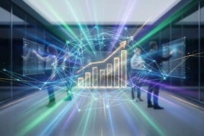 Graphique de croissance 3D entouré d'un réseau numérique dans un bureau moderne avec des professionnels en arrière-plan.