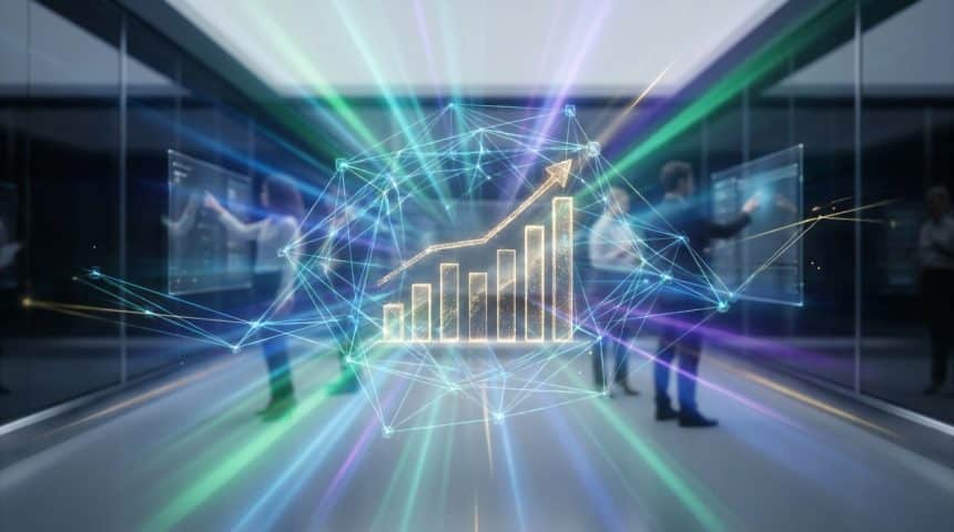 Graphique de croissance 3D entouré d'un réseau numérique dans un bureau moderne avec des professionnels en arrière-plan.