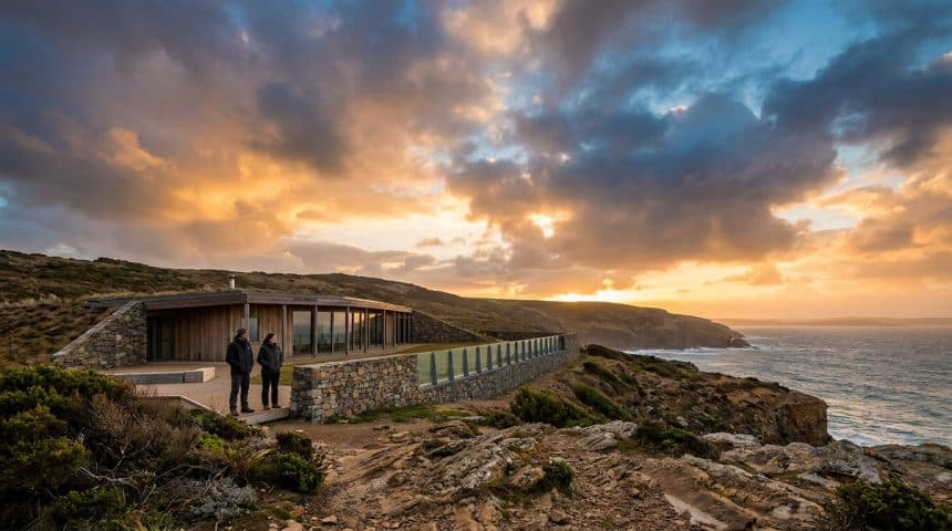 Deux personnes contemplent une maison éco-conçue intégrée dans la falaise au coucher du soleil.