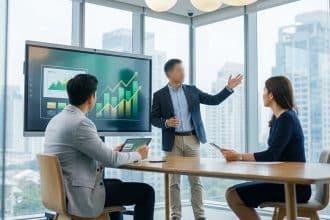 Une équipe d'affaires en réunion devant un écran montrant des graphiques de croissance dans un bureau vitré.