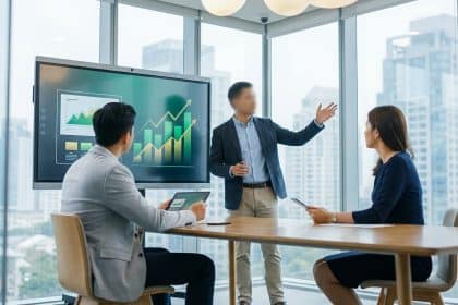 Une équipe d'affaires en réunion devant un écran montrant des graphiques de croissance dans un bureau vitré.