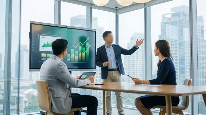 Une équipe d'affaires en réunion devant un écran montrant des graphiques de croissance dans un bureau vitré.
